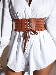 1 pieza Cinturón de estilo europeo con cordones y cintura elástica fruncida, color marrón café - Café integral - Ver 1