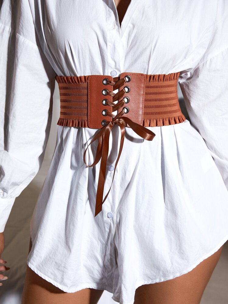 1pc European Style Lace-Up Elastic Cinched Waist Belt, Coffee Brown - Coffee Brown - View 1