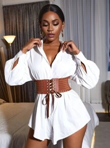 1 pieza Cinturón de estilo europeo con cordones y cintura elástica fruncida, color marrón café - Café integral - Ver 2