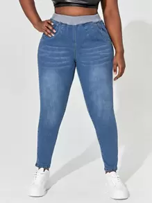 SHEIN SXY Plus High Waist Skinny Colourblock Jeans - Medium Wash - View 1