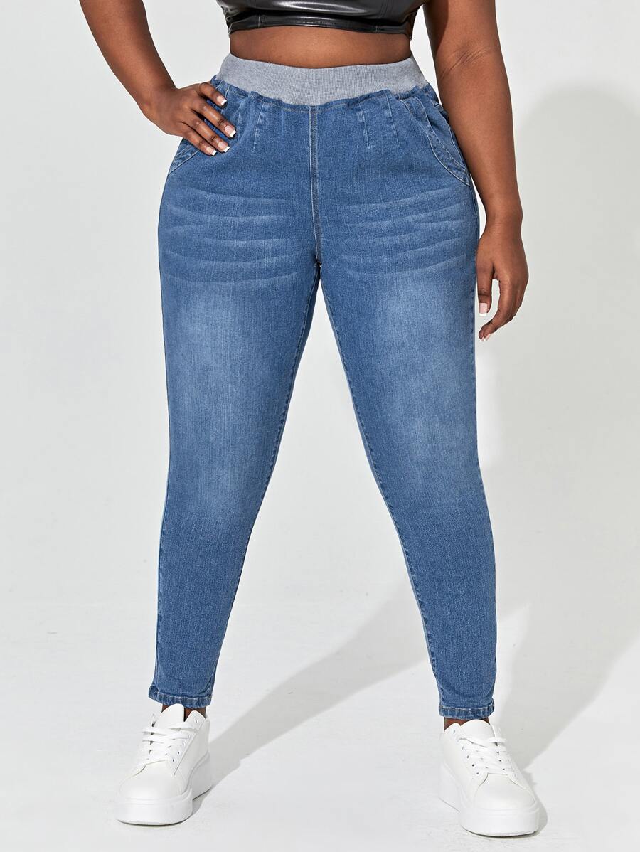 SHEIN SXY Plus High Waist Skinny Colourblock Jeans - Medium Wash - View 1