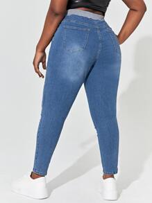 SHEIN SXY Plus High Waist Skinny Colourblock Jeans - Medium Wash - View 2