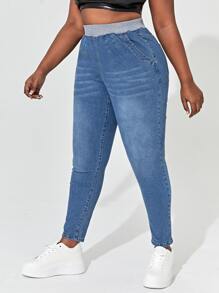 SHEIN SXY Plus High Waist Skinny Colourblock Jeans - Medium Wash - View 3