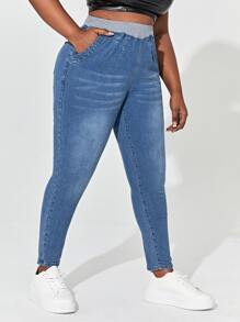 SHEIN SXY Plus High Waist Skinny Colourblock Jeans - Medium Wash - View 4