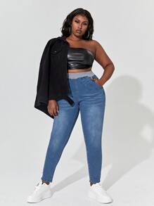 SHEIN SXY Plus High Waist Skinny Colourblock Jeans - Medium Wash - View 5