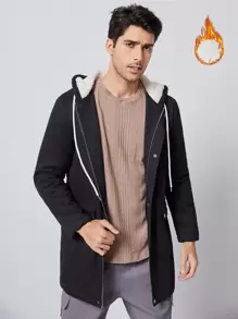 Manfinity VCAY Men Zip & Button Placket Drawstring Shearling Lined Coat - Black - View 1