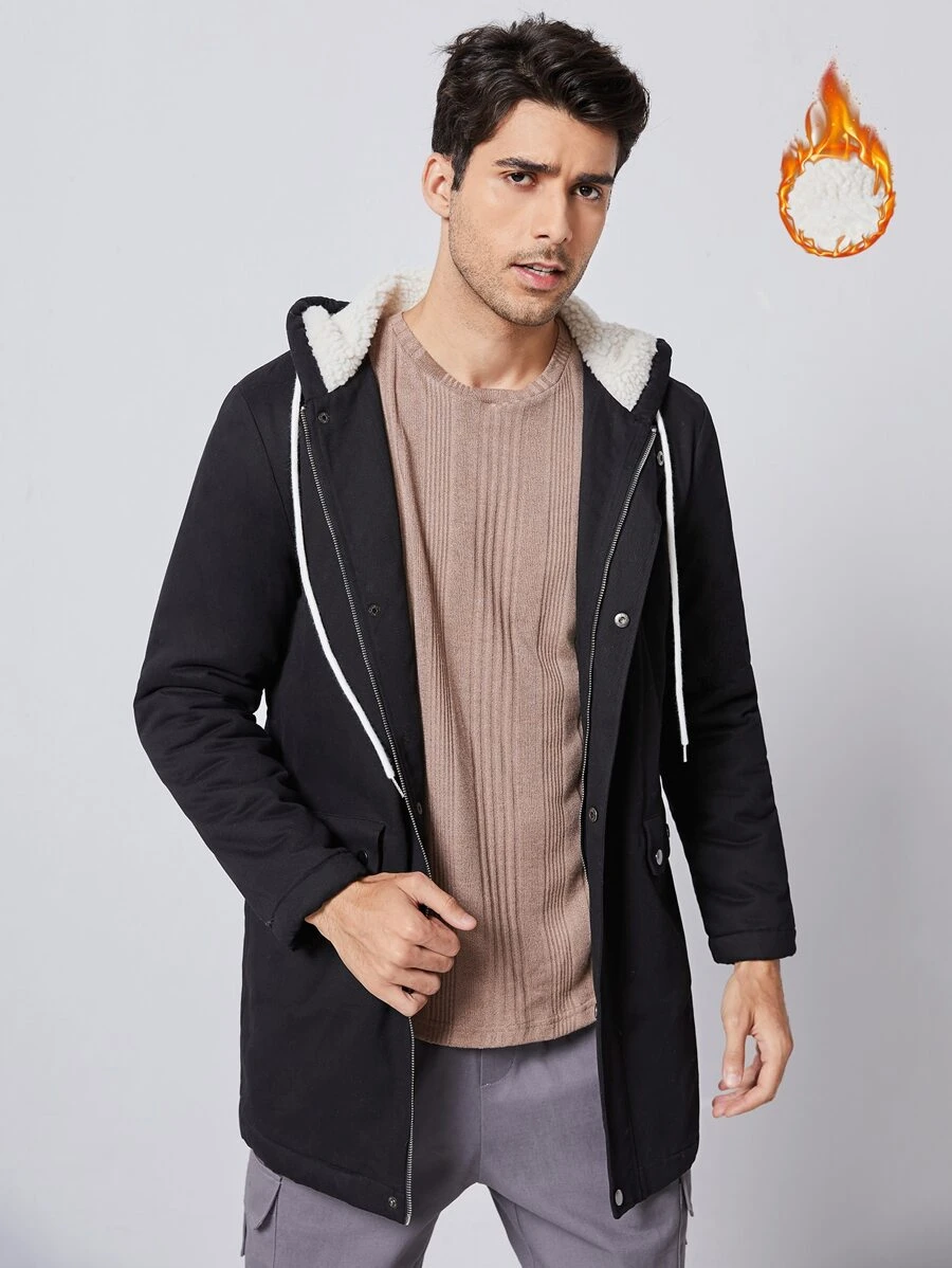 Manfinity VCAY Men Zip & Button Placket Drawstring Shearling Lined Coat - Black - View 1