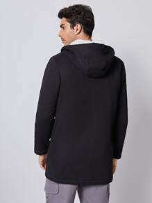 Manfinity VCAY Men Zip & Button Placket Drawstring Shearling Lined Coat - Black - View 2