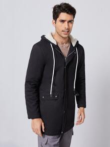 Manfinity VCAY Men Zip & Button Placket Drawstring Shearling Lined Coat - Black - View 3