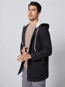 Manfinity VCAY Men Zip & Button Placket Drawstring Shearling Lined Coat - Black - View 4