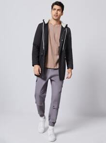 Manfinity VCAY Men Zip & Button Placket Drawstring Shearling Lined Coat - Black - View 5