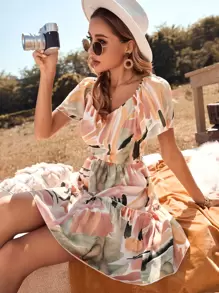 SHEIN Unity Graphic Print Puff Sleeve Ruffle Hem Dress - Multicolor - View 1