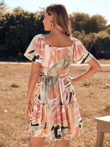 SHEIN Unity Graphic Print Puff Sleeve Ruffle Hem Dress - Multicolor - View 2