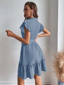 SHEIN Privé 波點圖案蝴蝶袖荷葉邊下擺繫腰帶連衣裙 - 藍色 - 查看 2