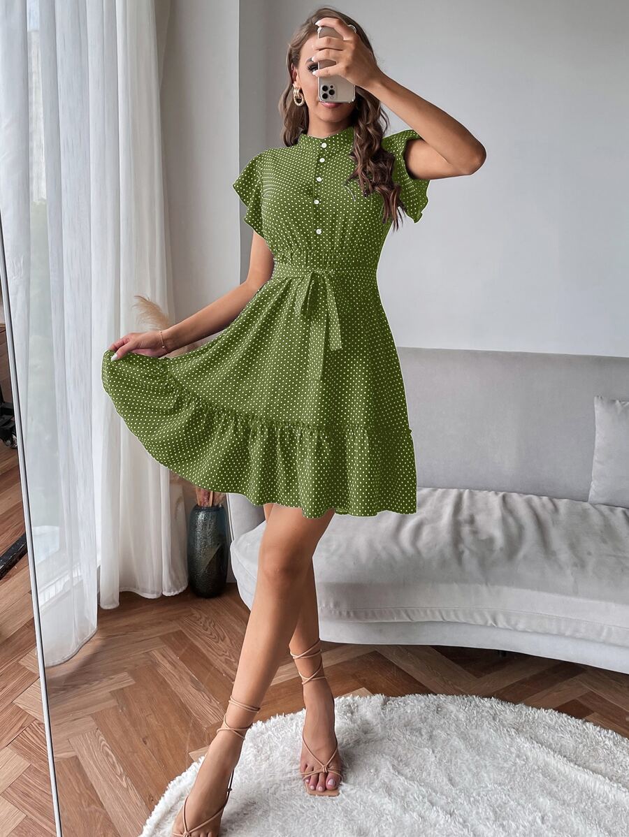 SHEIN LUNE 波點圖案蝴蝶袖荷葉邊下擺繫腰帶洋裝 - 青檸色 - 查看 1