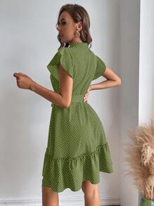 SHEIN LUNE 波點圖案蝴蝶袖荷葉邊下擺繫腰帶洋裝 - 青檸色 - 查看 2