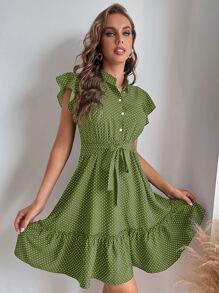 SHEIN LUNE 波點圖案蝴蝶袖荷葉邊下擺繫腰帶洋裝 - 青檸色 - 查看 3