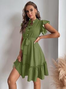 SHEIN LUNE 波點圖案蝴蝶袖荷葉邊下擺繫腰帶洋裝 - 青檸色 - 查看 4