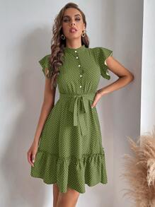 SHEIN LUNE 波點圖案蝴蝶袖荷葉邊下擺繫腰帶洋裝 - 青檸色 - 查看 5