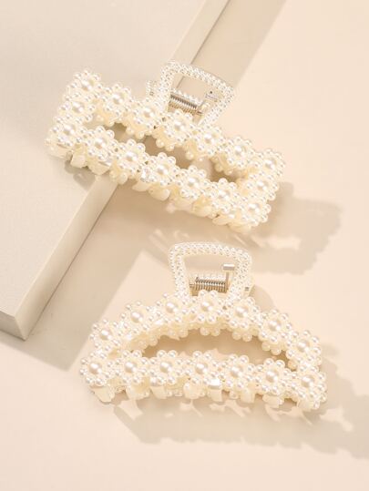 2pcs Faux Pearl Decor Hair Claw Elegant Claw Clips Hair Clips Hair Jaw Clip Hair Clamps Hair Clutch Hair Catcher Clip, School Stuff, College, Pearl Hair Accessories Fall Winter Bows For Vacation Outfits Woman