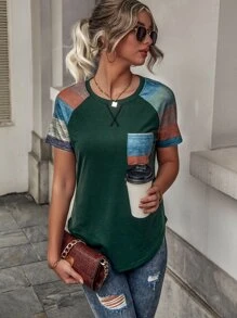 EMERY ROSE Color Block Raglan Sleeve Patched Pocket Tee - Dark Green - View 1