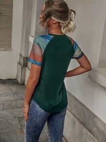 EMERY ROSE Color Block Raglan Sleeve Patched Pocket Tee - Dark Green - View 2