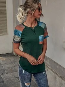 EMERY ROSE Color Block Raglan Sleeve Patched Pocket Tee - Dark Green - View 3