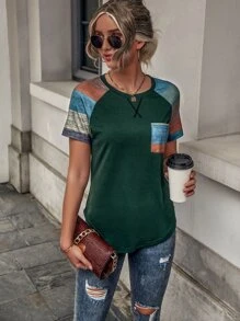 EMERY ROSE Color Block Raglan Sleeve Patched Pocket Tee - Dark Green - View 4