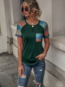 EMERY ROSE Color Block Raglan Sleeve Patched Pocket Tee - Dark Green - View 5