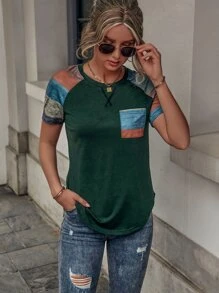 EMERY ROSE Color Block Raglan Sleeve Patched Pocket Tee - Dark Green - View 6