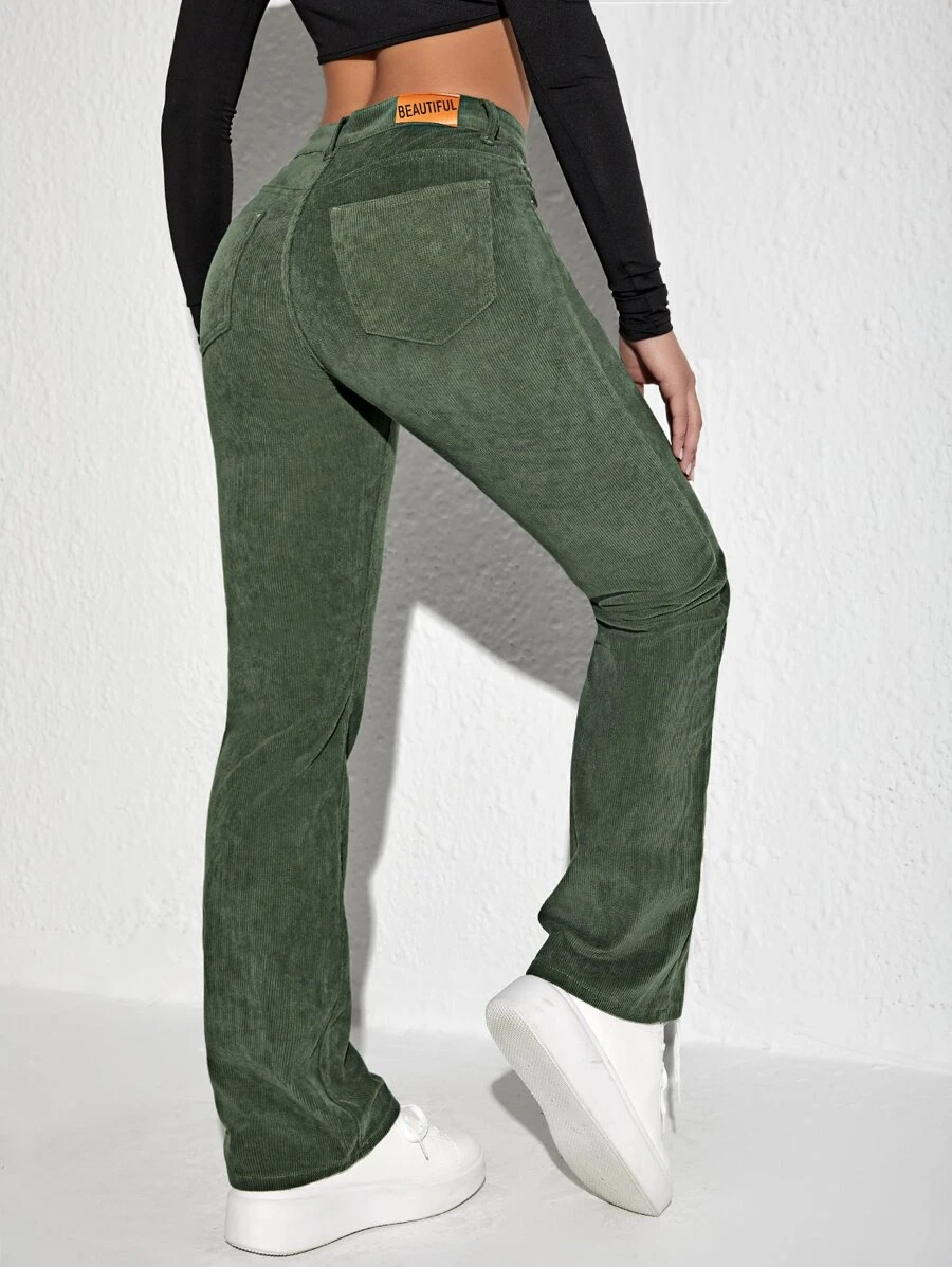 SHEIN Unity Letter Patched Flare Leg Corduroy Pants Fall Cloth For Women - Army Green - View 1