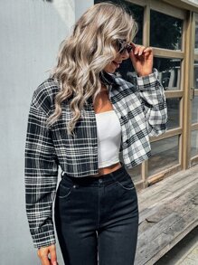 SHEIN LUNE Camisa corta de color combinado de cuadros de hombros caídos - Blanco y Negro - Ver 3