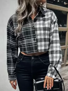 SHEIN LUNE Camisa corta de color combinado de cuadros de hombros caídos - Blanco y Negro - Ver 6