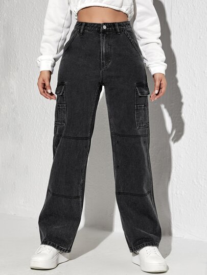 High Waist Flap Pocket Straight Leg Jeans