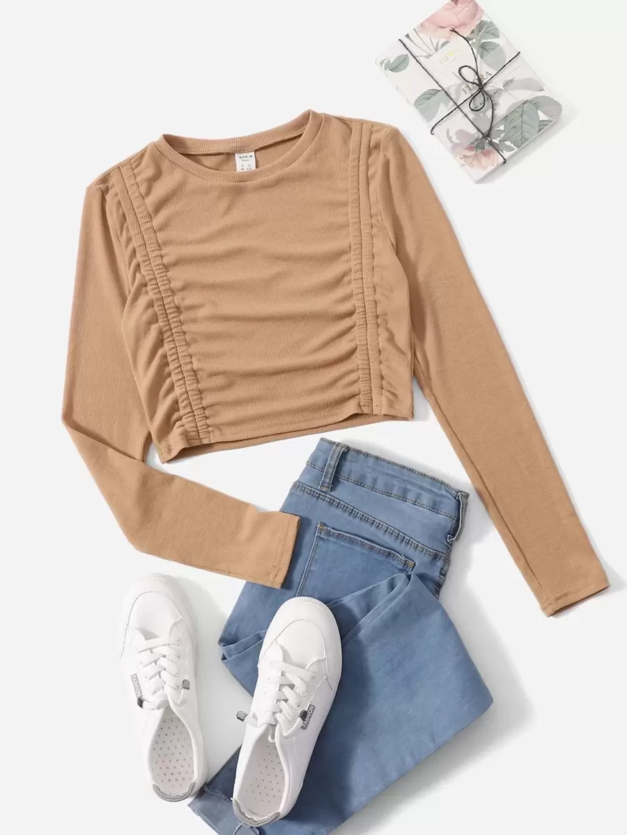 SHEIN Chicas adolescentes Camiseta unicolor fruncido - Caqui - Ver 1