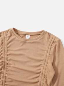 SHEIN Chicas adolescentes Camiseta unicolor fruncido - Caqui - Ver 3