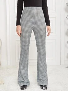 SHEIN Teen Girls Houndstooth Pattern Flare Leg Trousers - Black and White - View 1