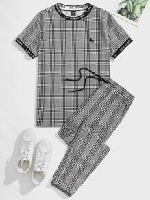GENTILAND Hombres con estampado de cuadros & con bordado de dibujos animados Camiseta & de cintura con cordón Pantalones - Gris - Ver 1
