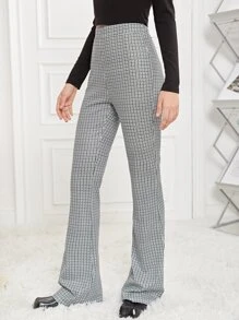 SHEIN Teen Girls Houndstooth Pattern Flare Leg Trousers - Black and White - View 3