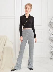 SHEIN Teen Girls Houndstooth Pattern Flare Leg Trousers - Black and White - View 4