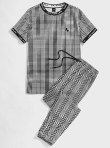GENTILAND Hombres con estampado de cuadros & con bordado de dibujos animados Camiseta & de cintura con cordón Pantalones - Gris - Ver 5