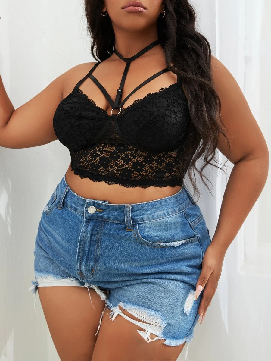 Plus Floral Lace Underwire Bra - Black - View 1