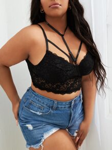 Plus Floral Lace Underwire Bra - Black - View 4