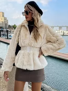 Elastic Waist Zipper Fuzzy Coat - Apricot - View 1