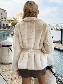 Elastic Waist Zipper Fuzzy Coat - Apricot - View 2