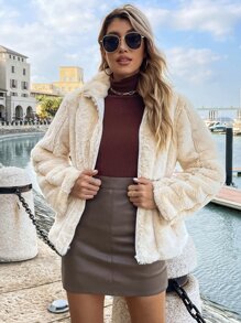 Elastic Waist Zipper Fuzzy Coat - Apricot - View 4
