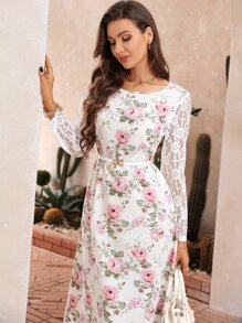 Modelyn 印花蕾絲拼接連衣裙不附腰帶 - 白色 - 查看 1