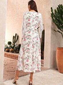 Modelyn 印花蕾絲拼接連衣裙不附腰帶 - 白色 - 查看 2