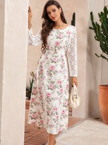 Modelyn 印花蕾絲拼接連衣裙不附腰帶 - 白色 - 查看 4