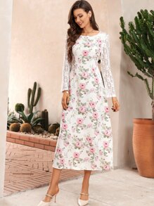 Modelyn 印花蕾絲拼接連衣裙不附腰帶 - 白色 - 查看 5